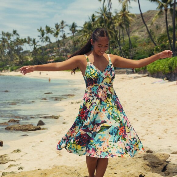 Jams World Ci Ci Midi Dress XS Blue Green Watercolor Hawaiian Retro Starfall - Picture 2 of 14